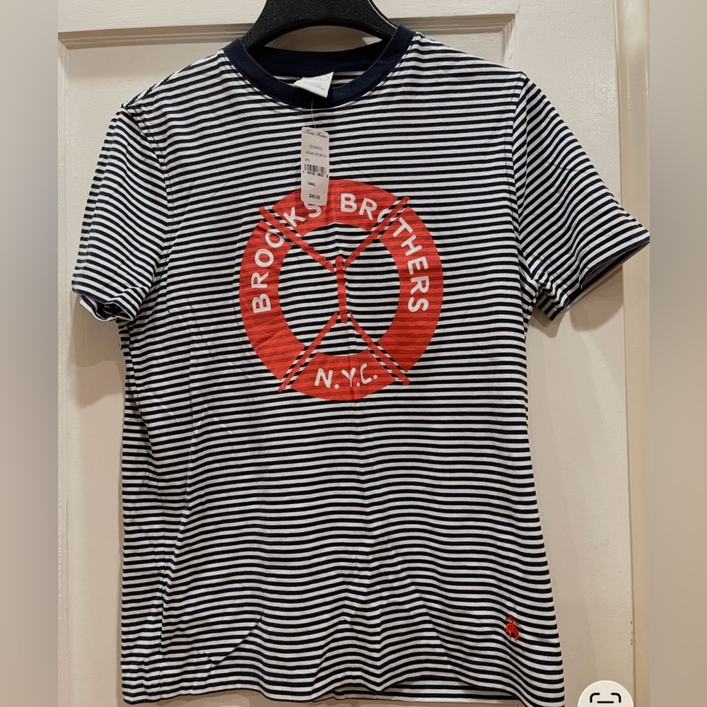 Brooks Brothers Navy Striped Tee with Red Emblem, NWT